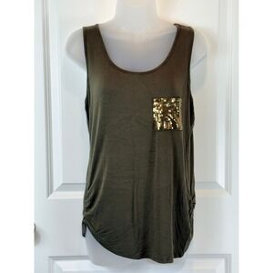 Studio Y Olive Green‎ Ruched Side Tank Top Sequin Pocket Size L